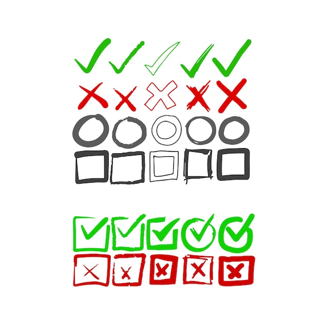 벡터 낙서 확인 표시 손으로 그린 확인란 검사 표시 및 체크리스트 표시 만화 확인 아이콘 스케치 그림