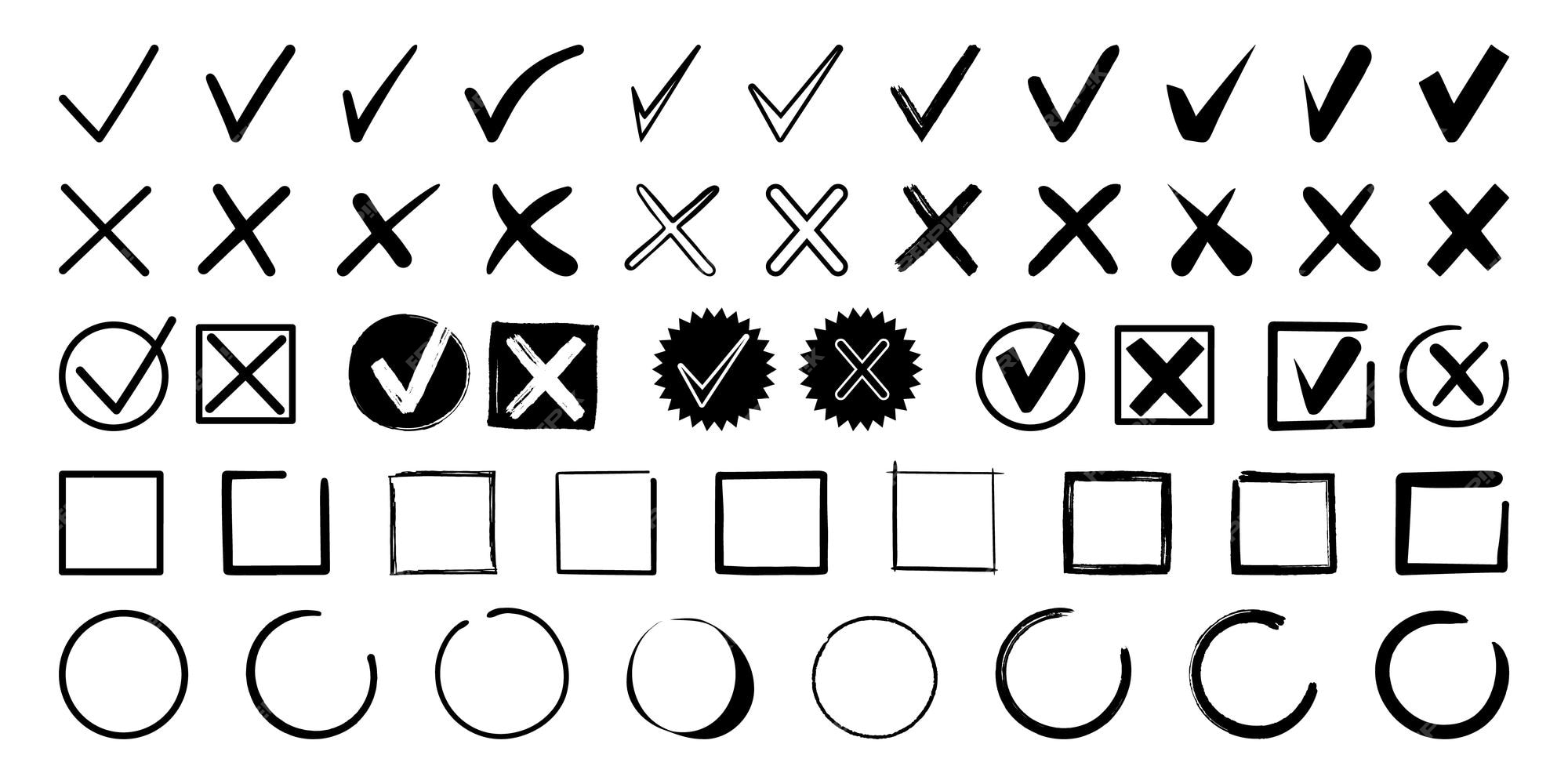 Doodle check mark e cross mark icon set check list símbolo