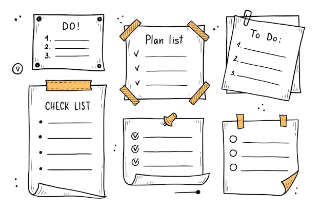 Doodle checklist set. To do, task list with check mark vector illustration. Hand drawn sketch style memo page.