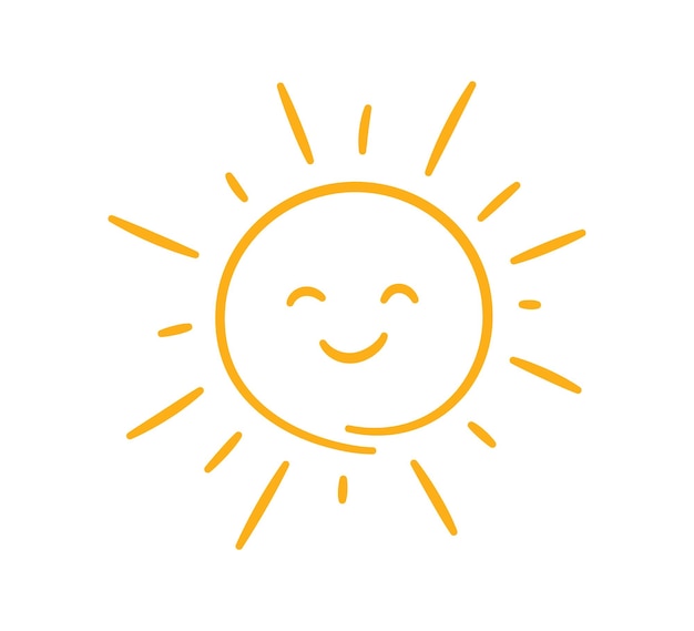 Doodle childish sun icon Scribble yellow sun with rays and smile symbol Doodle funny children drawing Hand drawn burst Hot weather sign Vector illustration isolated on white background