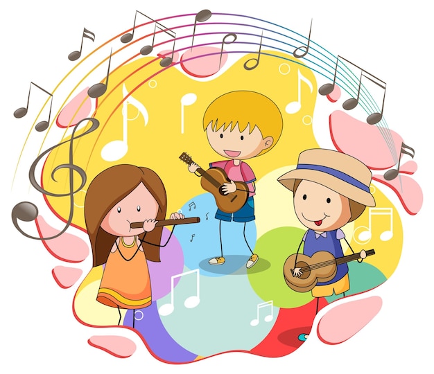 Doodle children with music instrument and melody