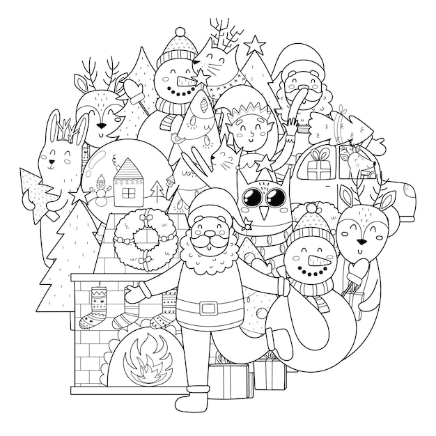 Doodle il modello di forma del cerchio di natale per il libro da colorare