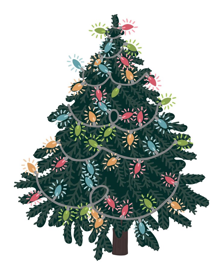 Vector doodle of christmas fir tree cartoon clipart of spruce decorated garland vector illustration isolated on white background