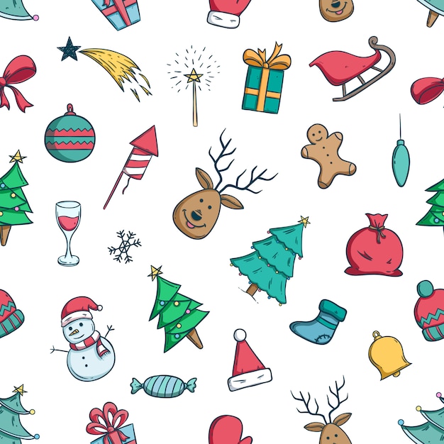 doodle christmas icons or elements in seamless pattern with doodle style