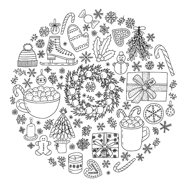 Vector doodle christmas objects in circle set hand drawn vector christmas elements set snowflakes wreath winter herbs ginger cookies and gift box