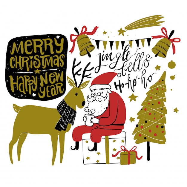 Значки рождественского сезона doodle и старинные графические элементы. эффект классной доски.