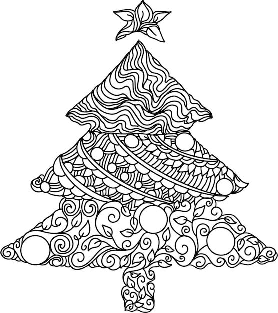 doodle christmas tree background with christmas balls vector illustration