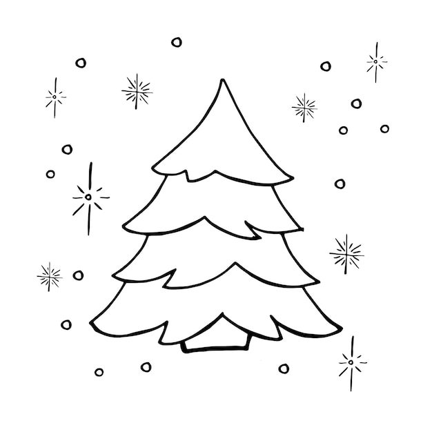 Doodle christmas tree. Simple hand drawn decorated christmas tree. Vector illustration. Isolated on white.