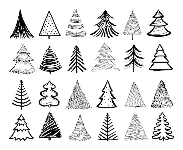 낙서 크리스마스 트리 겨울 휴가 손으로 그린 요소 레트로 크리스마스 나무와 새 해 복 많이 받으세요 스케치 그래픽 벡터 고립 된 세트 그림 나무 크리스마스 스케치 예술적 크리스마스 낙서