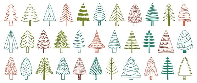 Set di alberi di natale doodle collezione stravagante di alberi festivi disegnati a mano pini e abeti rossi lineari perfetti per aggiungere fascino festivo alle decorazioni stagionali e all'artigianato illustrazione vettoriale dei cartoni animati