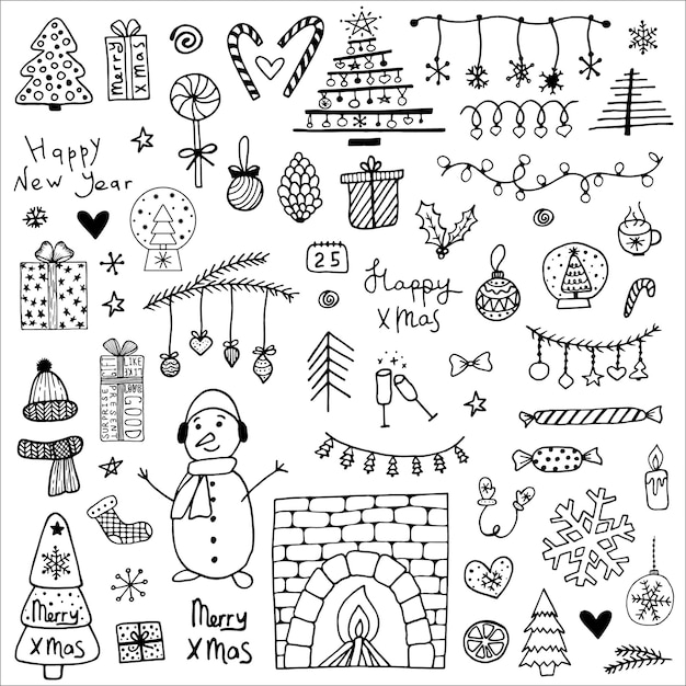 Doodle christmas vector collection of winter elements spruce christmas ball fireplace snowman snowflakes gift garland pine cone candle glasses candy cozy winter new year