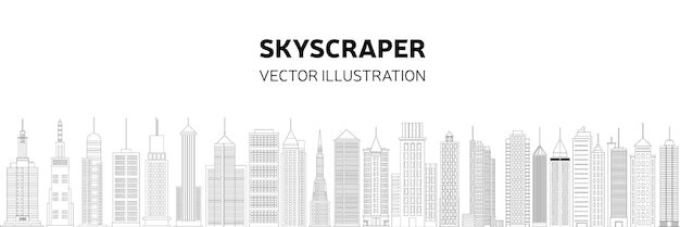 Doodle city long background Outline skyscrapers background Hand drawn vector illustration