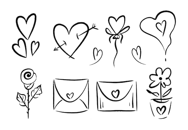 벡터 사랑스러운 사랑의 요소 컬렉션 꽃 장미의 발렌타인 데이를 위한 doodle clipart