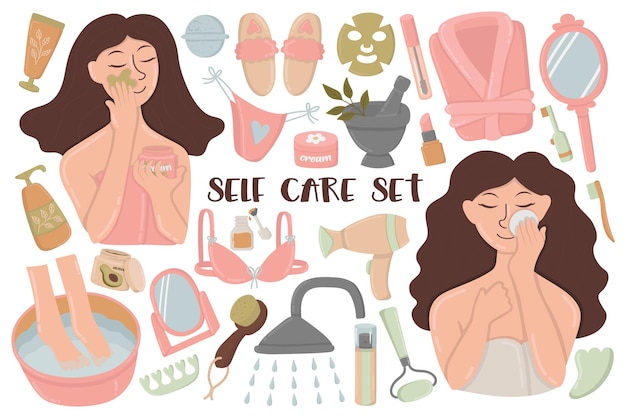 Doodle clipart set van zelfzorg zelfliefde thuis spa