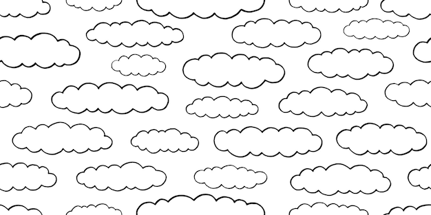 Doodle cloud pattern Seamless sketch line clouds Hand drawn outline pattern Black and white cartoon vector background Simple ink sky illustration Kid art in 70s vintage style Cloudy day seamless