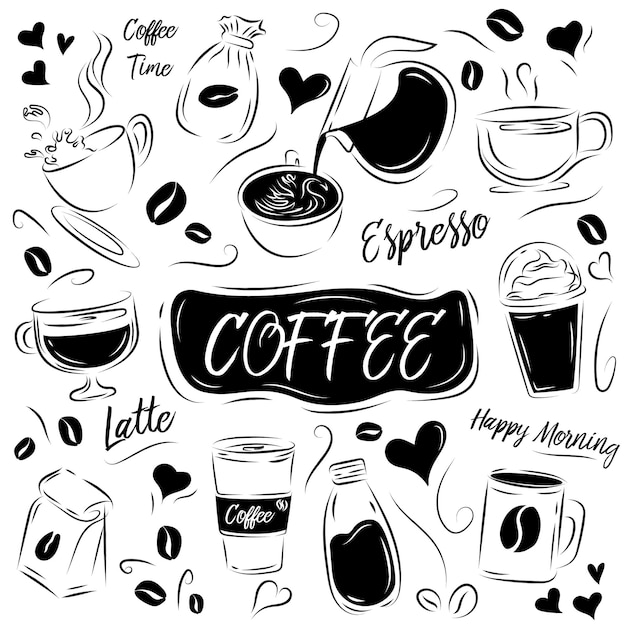 Vettore di raccolta degli elementi del caffè doodle