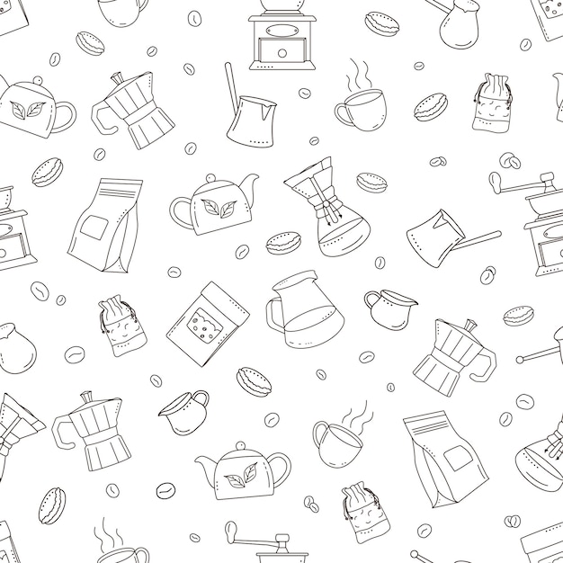 Doodle coffee seamless pattern with cups and pots on white background