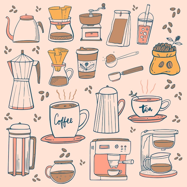 コーヒーショップアイコンを落書き。カフェメニューのコーヒーと紅茶の絵