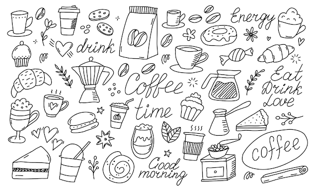 落書きコーヒー ショップ アイコン アウトライン手描き