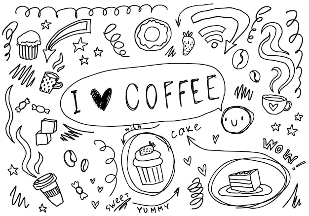 Doodle coffee time line arrows, heart, stars, tea, cupcake, text. Cafe sketch set cute isolated