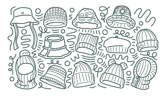 Doodle-collectie van verschillende hoofdbekleding op een witte achtergrond vectorillustratie