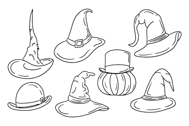 Doodle collection of hand drawn outline witch hats sketch design for halloween