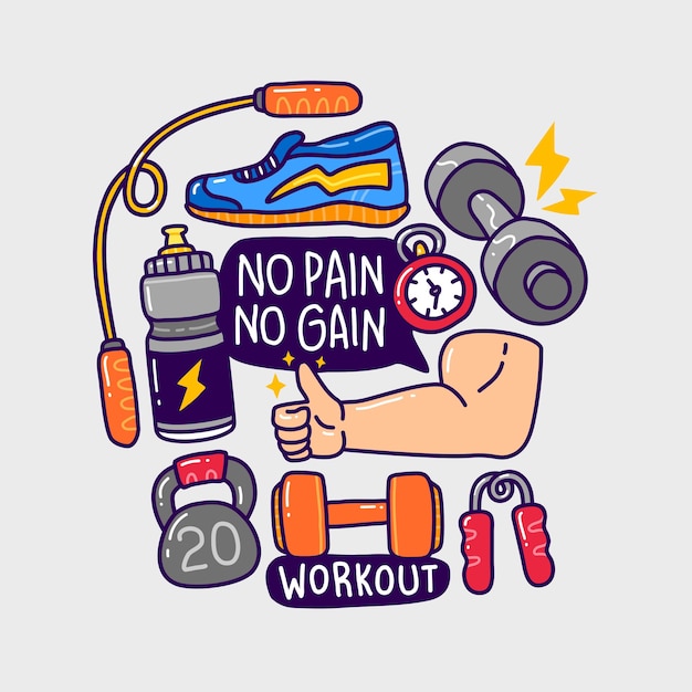 Doodle insieme di raccolta elemento fitness palestra.