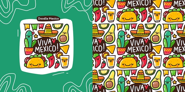 Doodle collection set of mexico element and seamless pattern