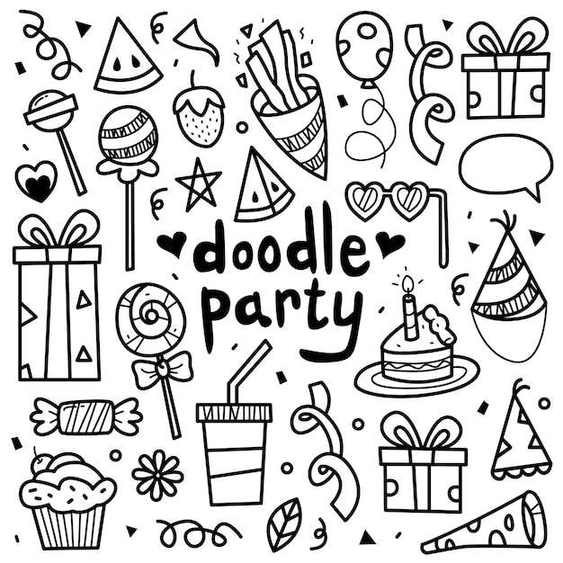 Doodle collection set of party element.