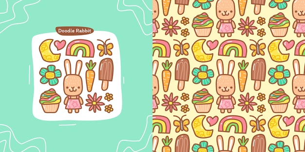 Doodle collection set of rabbit element and seamless pattern rabbit