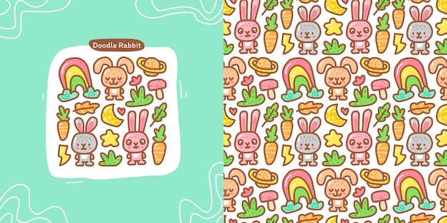 Vector doodle collection set of rabbit element and seamless pattern