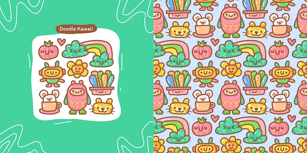 Doodle collection set of random kawaii element and seamless pattern