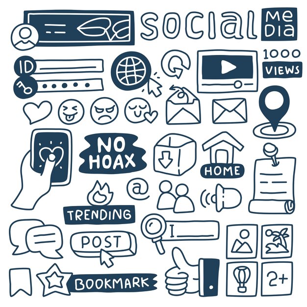 Insieme di raccolta di doodle di elemento di social media.