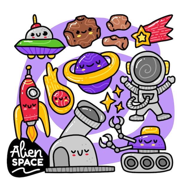 Doodle collection set of space and alien element