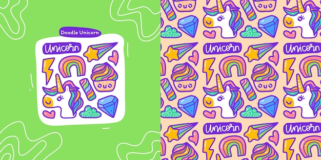 Doodle collection set of unicorn element and seamless pattern unicorn