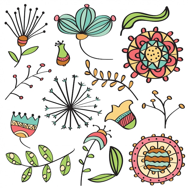 Vector doodle color flowers and leafs collection