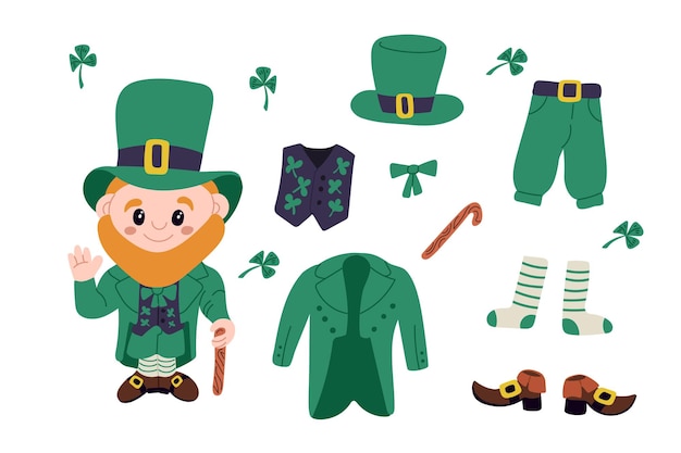 Set colorato di doodle di leprechaun e i suoi vestiti