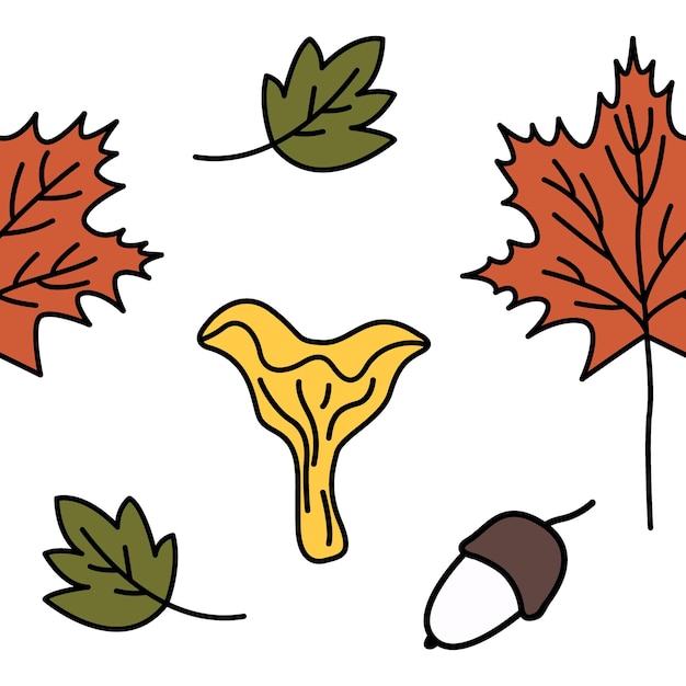 Doodle colorful mushrooms and leaves autumn background Endless seamless pattern Hand drawn vector