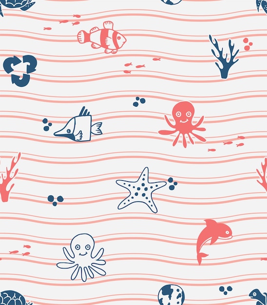 DOODLE CORAL STARFISH AND NAUTICAL WAVE SEAMLESS PATTERN