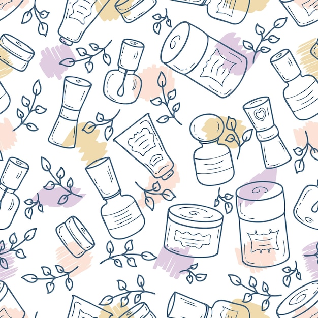 Vector doodle cosmetic jars with labels and leaves seamless pattern perfect for scrapbooking poster textile and prints hand drawn vector illustration for decor and design