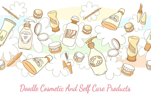 Doodle cosmetic and self care products hand drawn background. lotion and shampoo, tube and powder horizontal seamless pattern. hand drawn cosmetic and self care products vector background