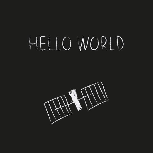 Doodle cosmos illustration in childish style hand drawn space card with lettering hello world