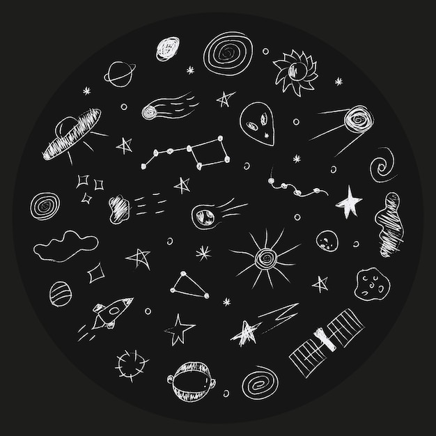 Illustrazione dell'universo di doodle impostata in stile infantile nel clipart di design del cerchio