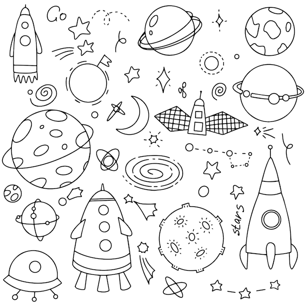 Doodle set di illustrazioni cosmo, elementi di design per qualsiasi scopo. astronave, pianeti, stelle e ufo astratti disegnati a mano.