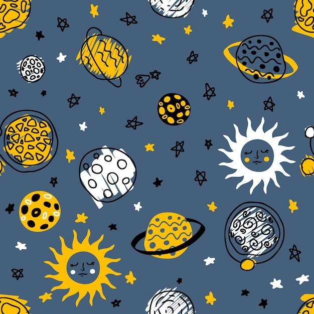 우주에 있는 태양과 행성이 있는 낙서 코스모스 패턴은 T셔츠 직물에 적합하고 장식과 디자인을 위한 손으로 그린 벡터 그림