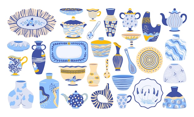 Set di illustrazioni di simboli vettoriali per stoviglie da cucina in ceramica decorativa per stoviglie di doodle