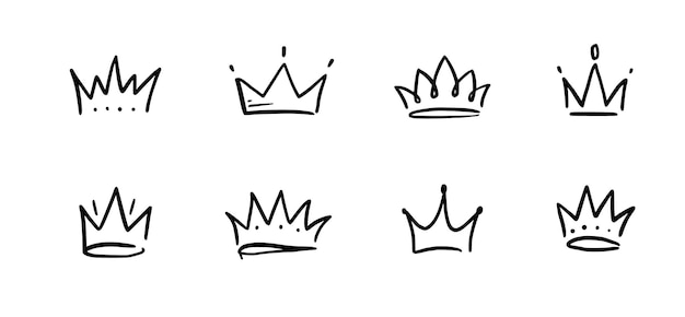 Doodle corona disegnata a mano set doodle principessa corona regina tiara linea schizzo elemento reale regina re disegnato a mano semplice elemento di design isolato