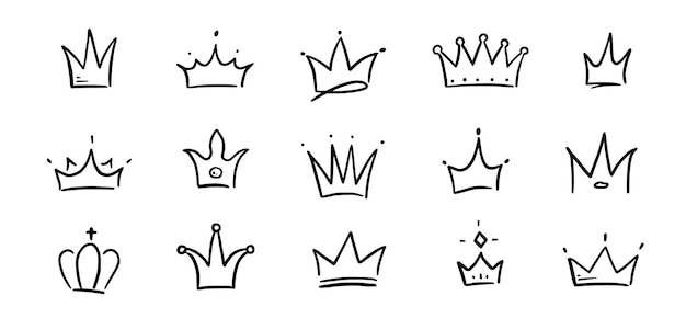 Doodle corona disegnata a mano set doodle principessa corona regina tiara linea schizzo elemento reale regina re disegnato a mano semplice elemento di design isolato