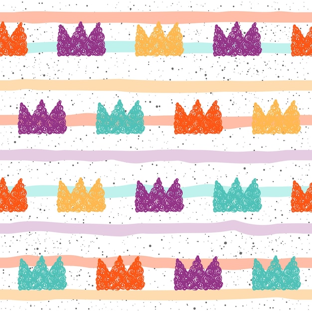 Vector doodle crown seamless background. childish irregular crown isolated on white cover. pattern for card, t-shirt, bag design, scrapbook, holiday wrapping paper, textile fabric, garment, wallpaper etc.