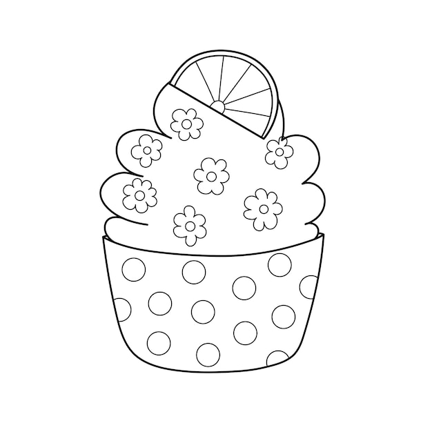 Cupcake doodle con una fetta d'arancia sull'elemento isolato superiore stampa in bianco e nero dessert carino